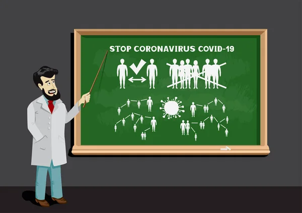 Orvos azt mutatja covid-19 info a táblán — Stock Vector