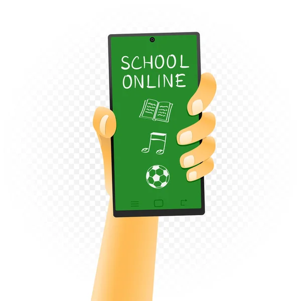 Online Schooltekst Symbolen Smartphone Schoolborden Mobiele Telefoon Studeren Internet Afstandsonderwijs — Stockvector