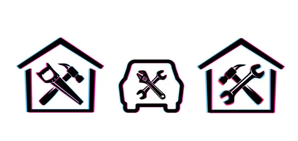 闪光的家和汽车修理图标设置在黑暗的背景 黑色背景下的房屋和汽车服务标志 — 图库矢量图片