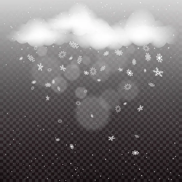 Wolken Mit Schneefallschablone Auf Dunklem Hintergrund Winterschnee Fällt Attrappe Weihnachtsdekoration — Stockvektor
