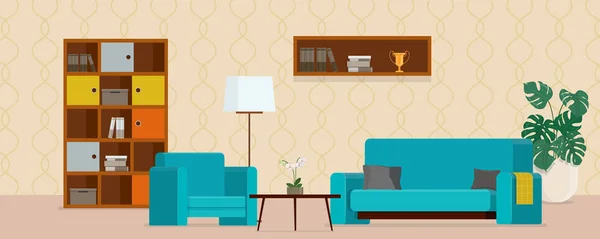 Sala de estar com sofá turquesa e poltrona — Vetor de Stock