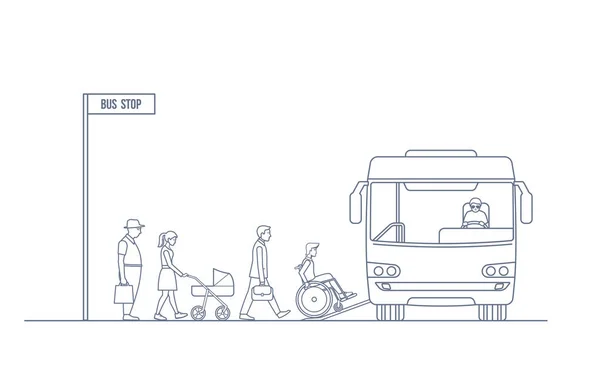 Un groupe de personnes entre dans le bus de la ville — Image vectorielle
