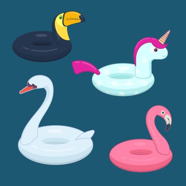 Bir tek boynuzlu at, pembe flamingo, s şeklinde şişme yüzme halkalar