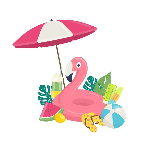 Pembe Flamingo Şişme Havuz Float Egzotik Yaprakları Plaj Aksesuarları Ile — Stok Vektör