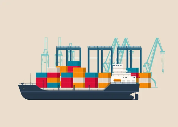 Lege Vrachtschip Onder Kraan Brug Containerterminal Logistiek Transport Concept Vectorillustratie — Stockvector
