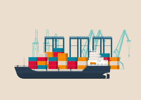 Buque Carga Vacío Bajo Puente Grúa Terminal Contenedores Concepto Logística — Archivo Imágenes Vectoriales