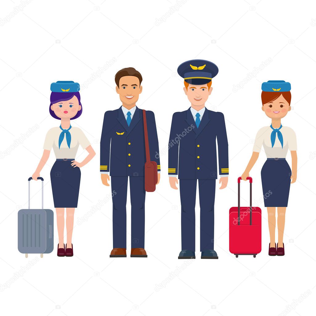 Group of pilots and flight attendants with luggage on white background. The flight crew of commercial aircraft. Vector illustratio