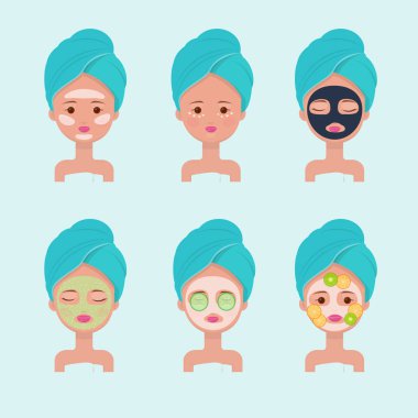 Farklı yüz bakım prosedürleri. Kız temizlik ve bakım mineral ve meyve ile onun yüz maskeleri, peeling ve yüz kremi. Vektör çizim