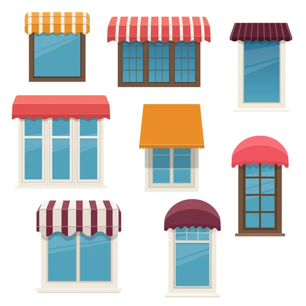 Set Diferentes Ventanas Con Toldos Exteriores Elementos Arquitectónicos Las Fachadas — Vector de stock