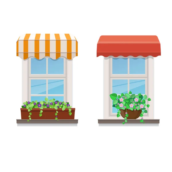 两个窗户有遮阳篷和花在花盆里 白色背景上的矢量插图 — 图库矢量图片