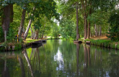 Kanal ve Spreewald ahşap tekneler, yaz yatay. Brandenburg, Almanya