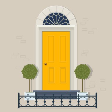Yellow front door with plants in pots and cast iron fence clipart