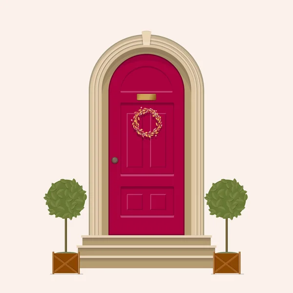 Porte avant rouge de la maison avec des plantes en pot — Image vectorielle