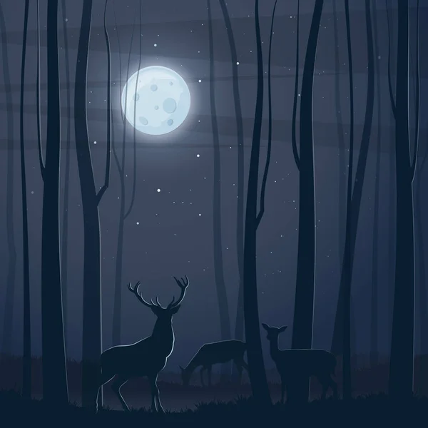 Escena nocturna con bosque, luna y ciervos — Vector de stock