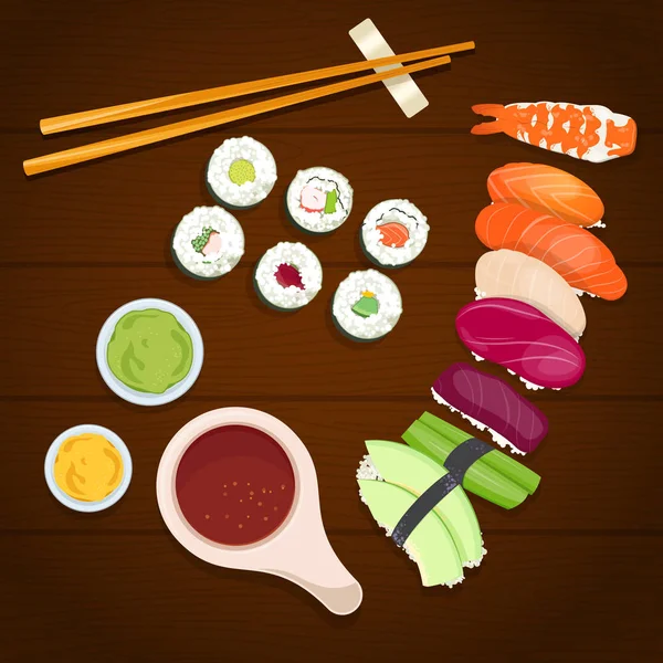 Sushi na dřevěném pozadí. Japonské jídlo — Stockový vektor