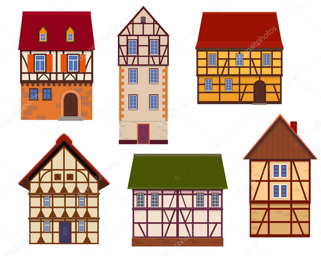 Set of half timbered houses on white background