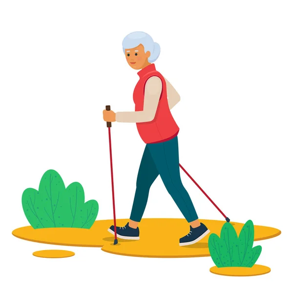 Femme âgée nordique marche dans la nature — Image vectorielle
