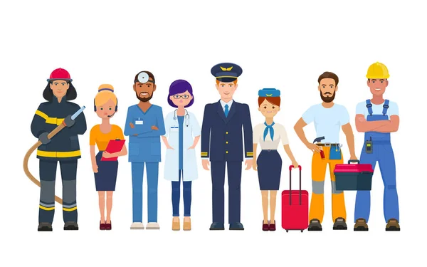 Group of people of different professions. Character design of doctors, pilot and stewardess, builder, repairman, fireman and secretary. Vector illustration on white background