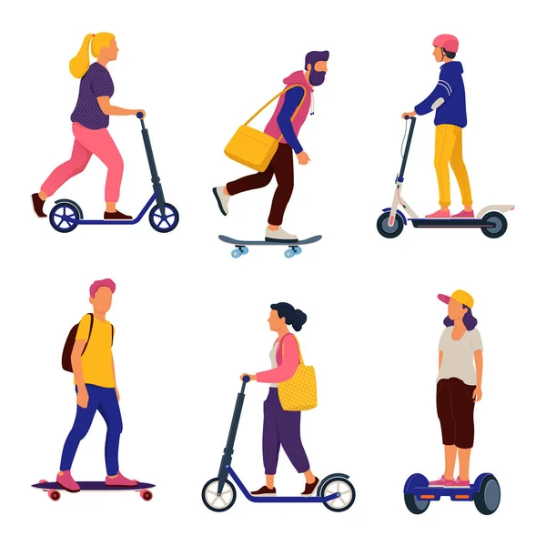 Gente Montando Transportadores Personales Hombres Mujeres Jóvenes Montando Scooters Monopatines — Vector de stock