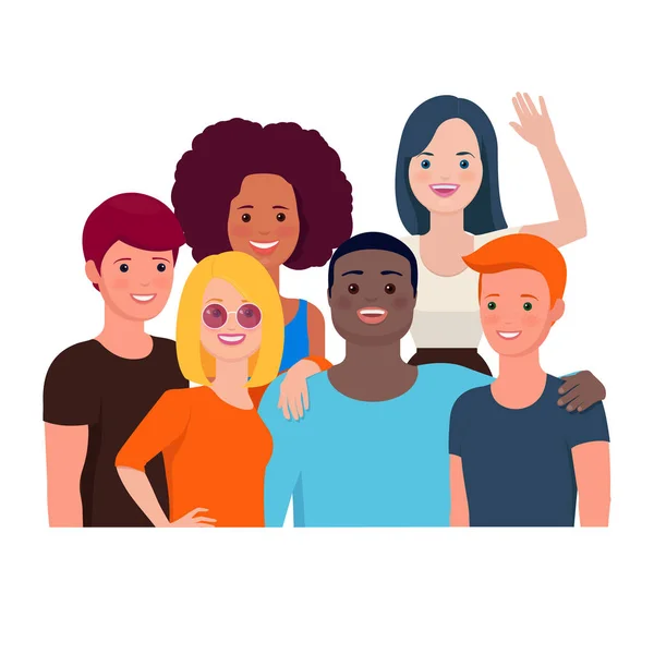 Group Portrait Cheerful Teen Friends Standing Together Flat Vector Illustration — Stock Vector