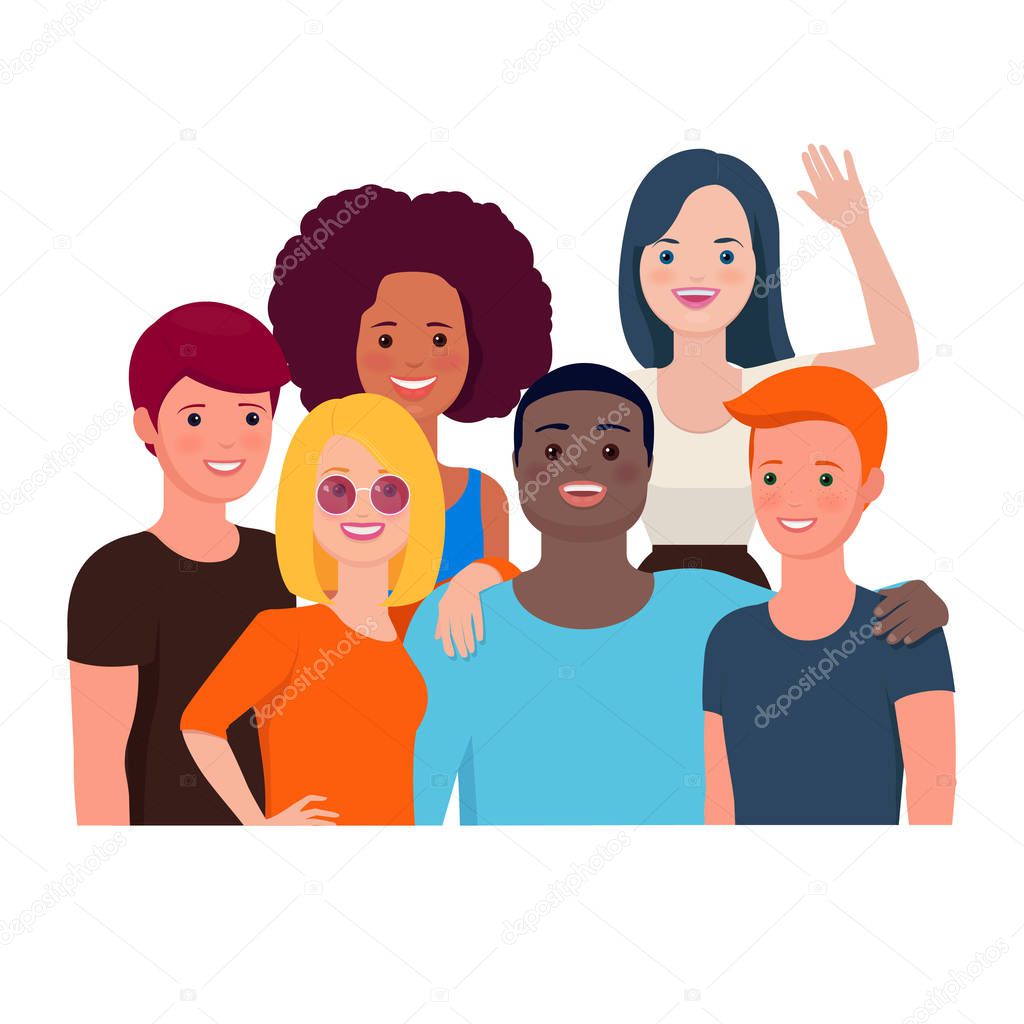 Group portrait of cheerful teen friends standing together. Flat vector illustration on white background. 