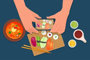 Eller cep telefonuyla salamlı pizzanın fotoğrafını çeker. Üst Manzara. Mavi arkaplanda vektör illüstrasyonu