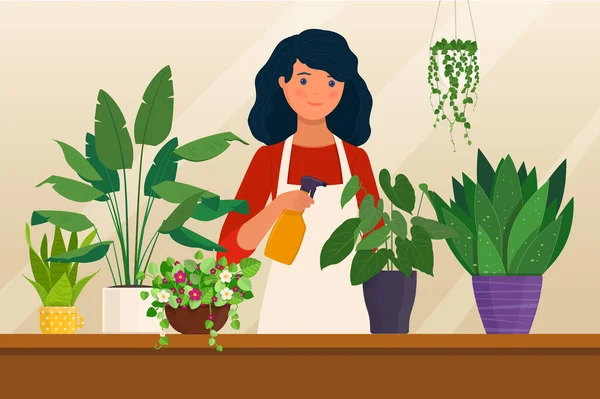 Une Jeune Femme Qui Occupe Des Plantes Intérieur Passe Temps — Image vectorielle