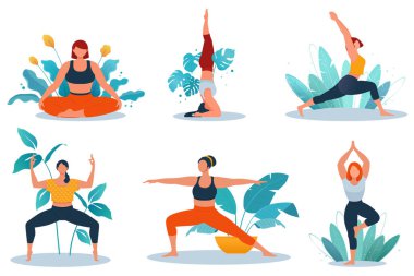 Sportif kadın, tropik bitkilerin arka planında lotus pozisyonunda meditasyon yapıyor. Meditasyon, yoga ve sağlıklı yaşam tarzı kavramı. Düz biçimli vektör illüstrasyonu