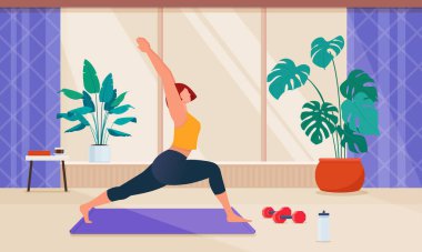 Bir kadın spor egzersizlerini oturma odasında jimnastik minderiyle yapıyor. Evde fitness egzersizi. Tecrit ya da karantinada sağlıklı ve aktif bir yaşam tarzı. Düz vektör illüstrasyonu