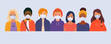 Tıbbi maskeli çok uluslu bir grup insan. Virüslerden, gripten ve bakterilerden korunan genç erkekler ve kadınlar. Virüs koruma konsepti. Düz vektör illüstrasyonu