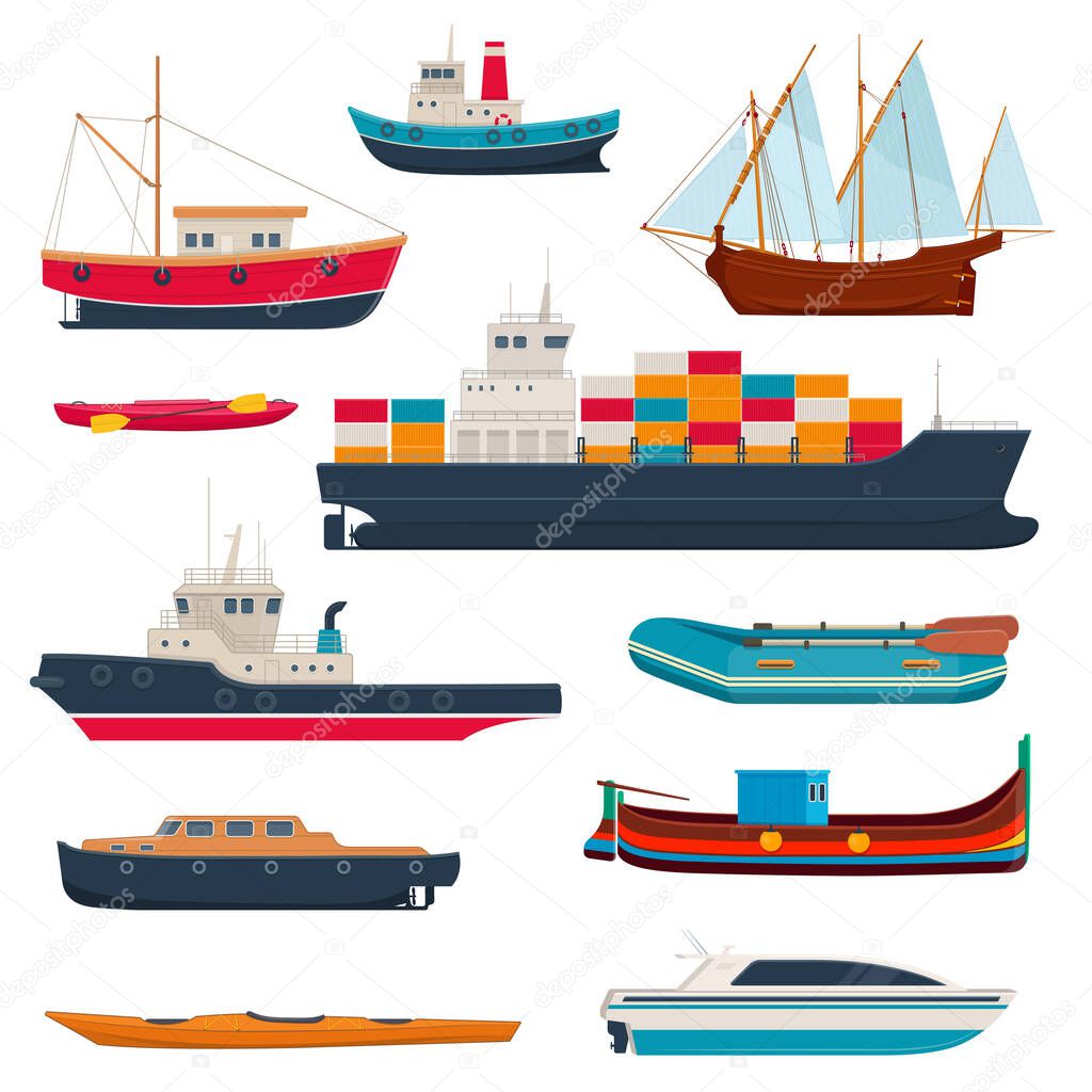 Set of different ships and boats