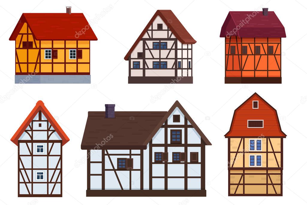 Set of half timbered houses on white