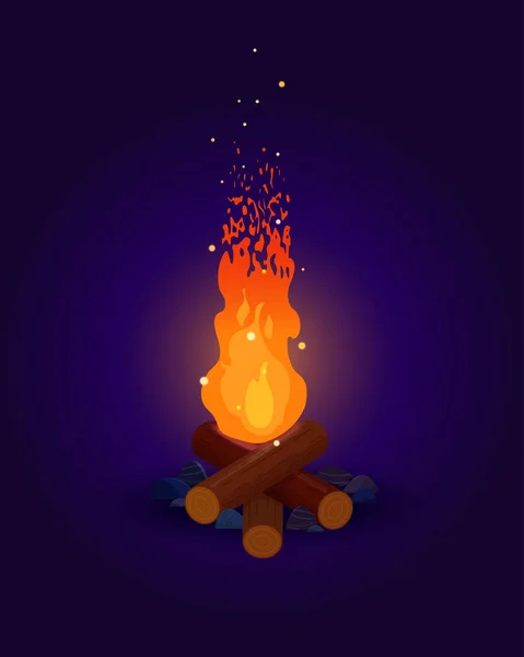 高篝火与飞行火花在深蓝色背景 夜晚明亮的篝火 矢量平面插图 — 图库矢量图片
