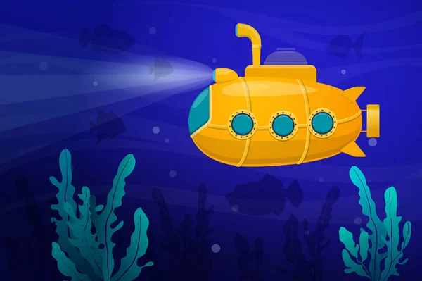 Submarino Amarillo Rodeado Peces Algas Submarino Explora Fondo Marino Ilustración — Vector de stock