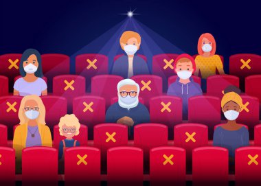 Karantina döneminden sonra sinemada sosyal mesafeler. Yüz maskesi takan izleyiciler güvenli bir mesafede oturur ve sinema salonunda film izlerler. Vektör illüstrasyonu