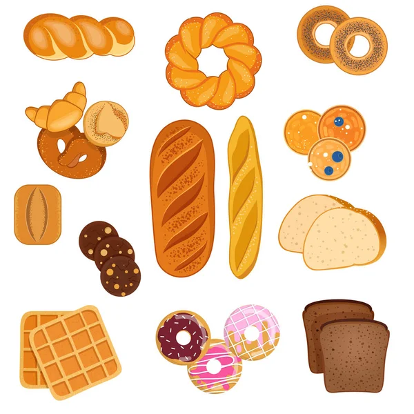 Conjunto Pasteles Dulces Varios Tipos Pan Pan Trigo Centeno Baguette — Vector de stock