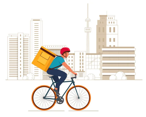 Lieferjunge auf Fahrrad mit gelbem Rucksack — Stockvektor