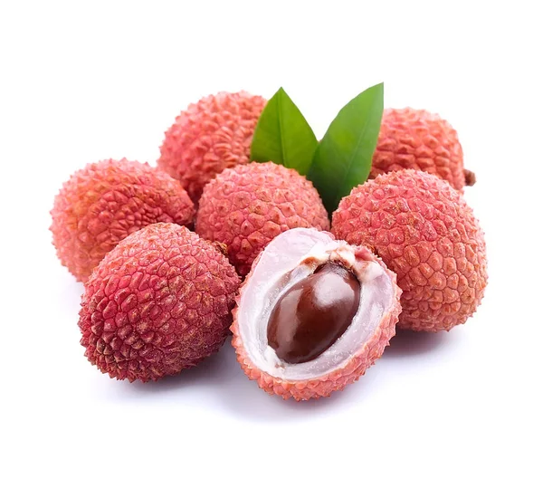 Sweet Lychees Fruits Leaves Close White Background — Stock Photo, Image