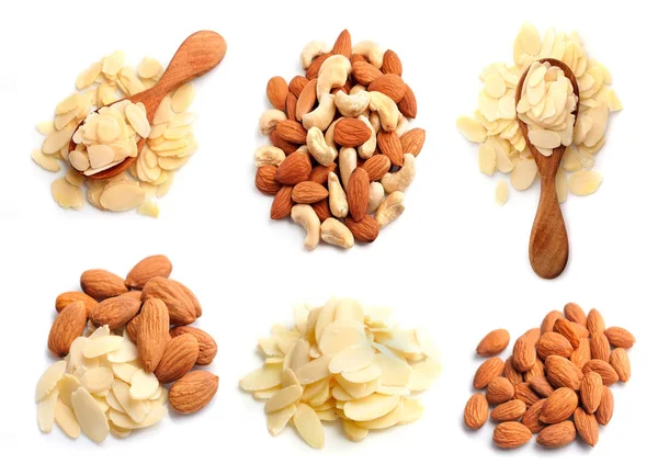 Kolekce Ořechy Mandle Bílém Pozadí — Stock fotografie