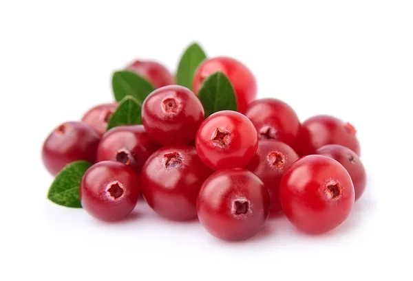 Mirtilli rossi dolci con foglie da vicino su sfondi bianchi . — Foto Stock
