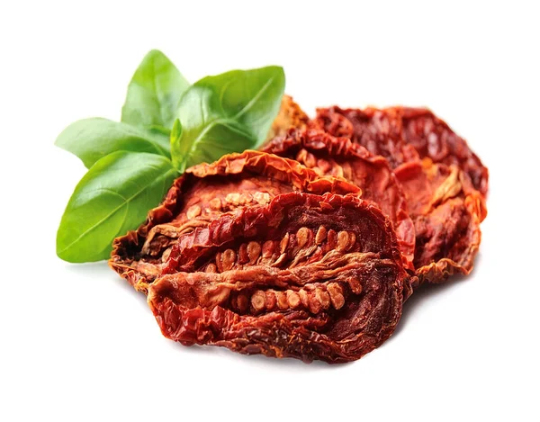 Pomodori Secchi Con Foglie Basilico Isolate Fondo Bianco — Foto Stock