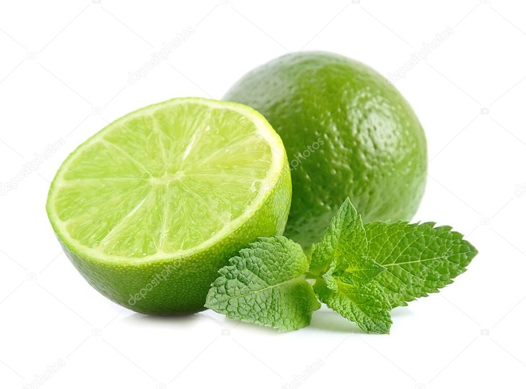 Fresh natural lime with mint isolated on white backgrounds.