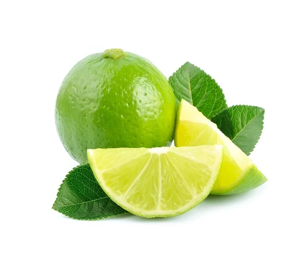 Söta Limefrukter Med Blad Isolerade Vit Bakgrund — Stockfoto