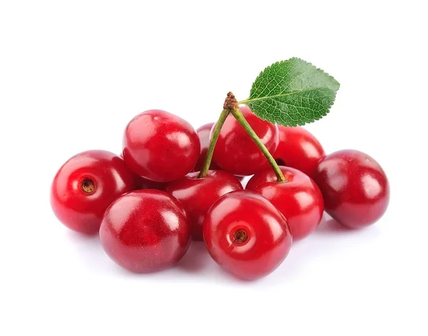 Cerises Douces Aux Feuilles Isolées Sur Fond Blanc — Photo