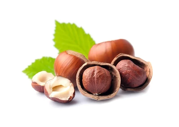 Kacang Filbert Matang Dengan Daun Terisolasi Latar Belakang Putih Hazelnut — Stok Foto