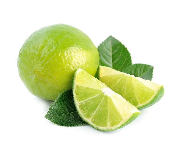 Green Lemon Leaves Isolated White Backgrounds Lime Fruits — Stock Photo, Image