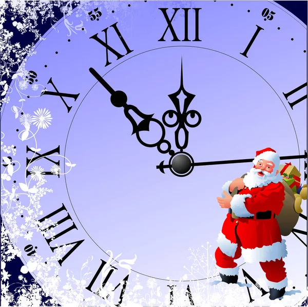 Natale e Felice Anno Nuovo Illustrazione con Babbo Natale e orologio i — Vettoriale Stock