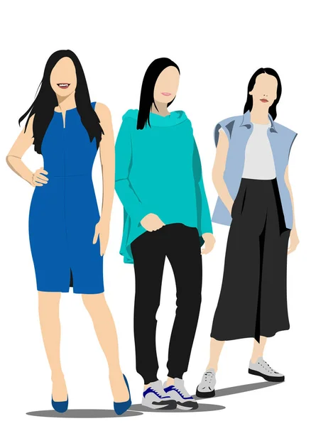 Tres siluetas de mujeres jóvenes. Ilustración vectorial para diseñadores — Vector de stock