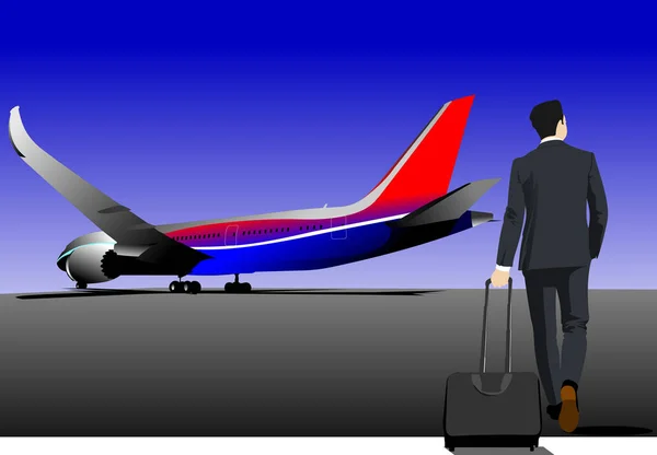 Vliegtuig op het veld en jonge man met koffer. Gekleurde vector i — Stockvector