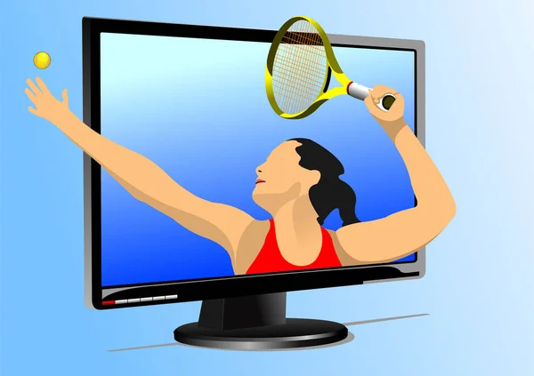 Giocatore di tennis in monitor. Illustrazione vettoriale colorata per desi — Vettoriale Stock